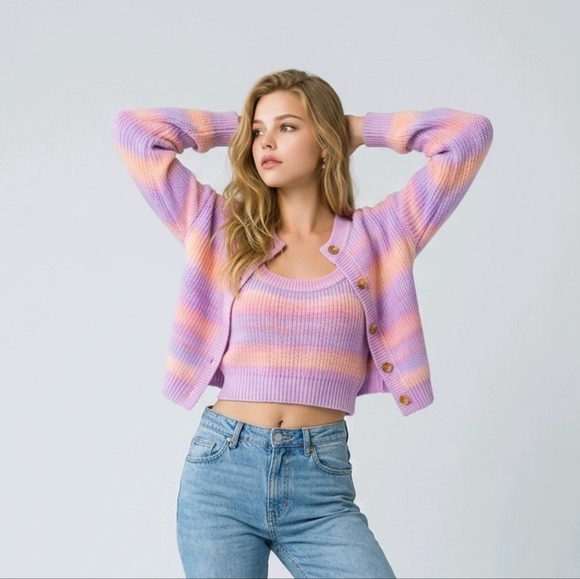 Sweaters - Women’s Pastel Striped Cardigan Set